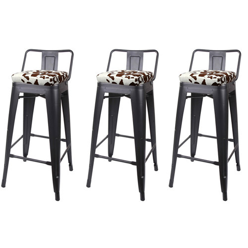 17 Stories 30Inch Brown Cow Seat Black Metal Bar Stool, set of 3 Wayfair